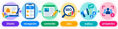 Diseño, navegación, contenido, SEO, tráfico y proyectos
