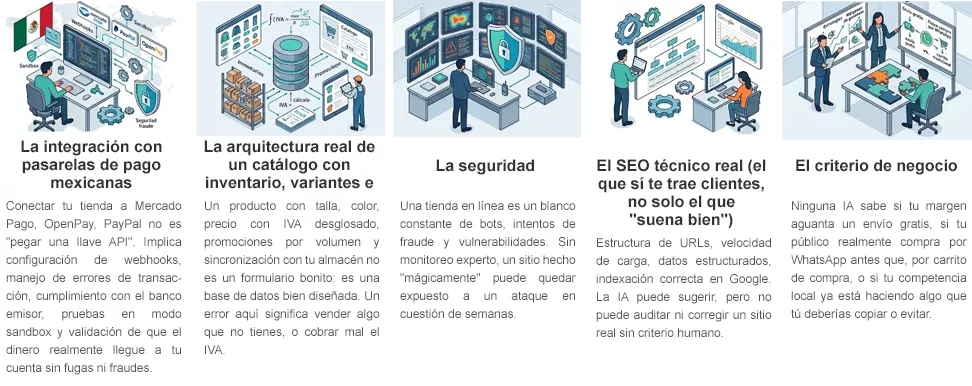 Cinco aspectos que la IA no puede resolver sola: integración con pasarelas de pago mexicanas, arquitectura real de catálogo con inventario y variantes, seguridad, SEO técnico real y criterio de negocio